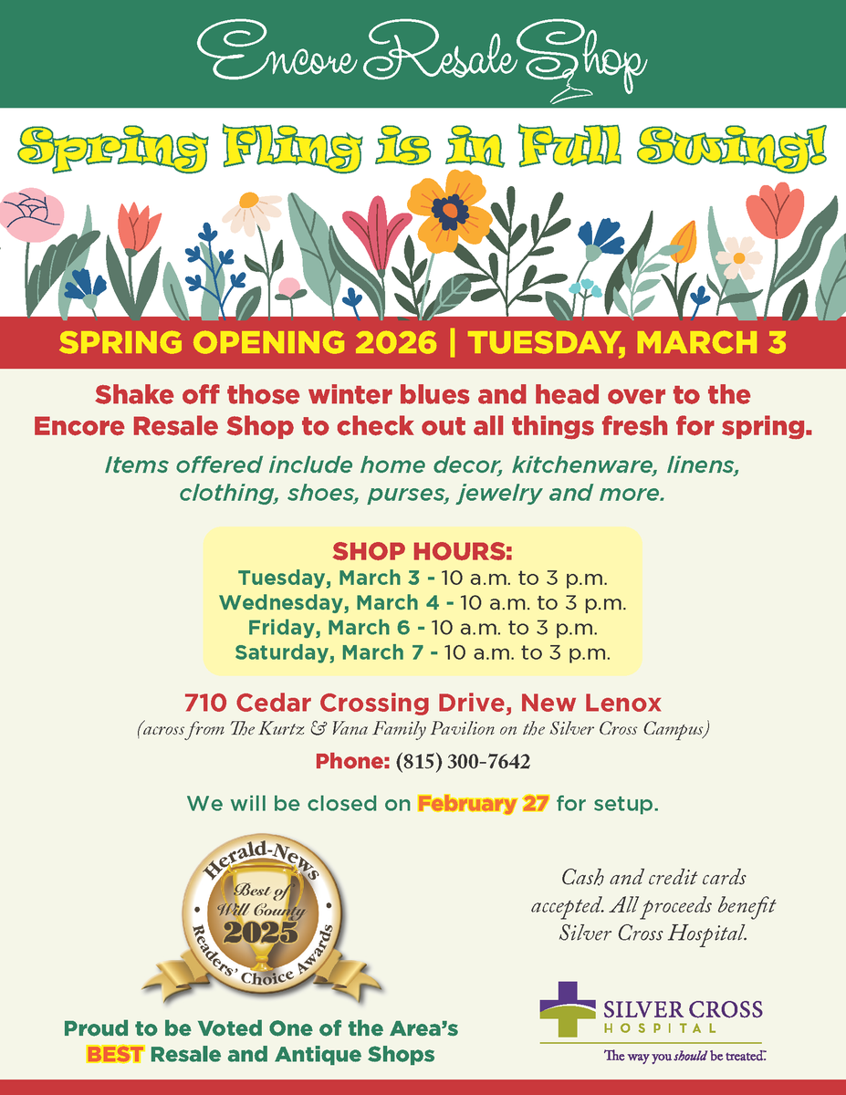 SilverCrossHosp's tweet photo. 💐#SpringOpening Join us on March 3, for the Spring Opening of the Encore Resale Shop! The shop will be closed tomorrow for setup.

🏓710 Cedar Crossings Dr., New Lenox (In the Business Center on the Hospital Campus) #SilverCrossHospital #EncoreShop #SpringOpening #Sale #NewLenox https://t.co/Ht8zC1pxp4