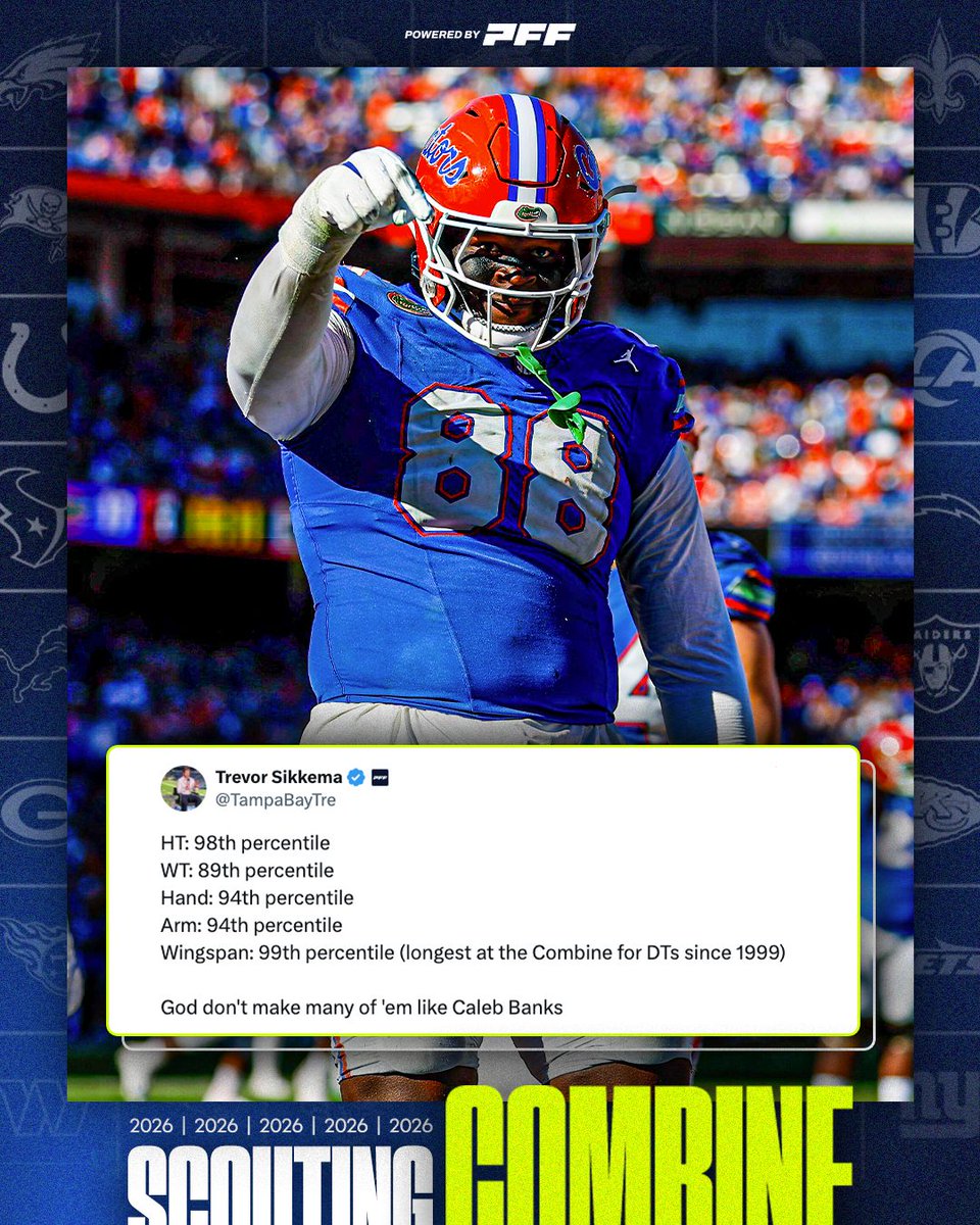 PFF's tweet image. Caleb Banks is an athletic freak of nature... even by NFL standards 😳