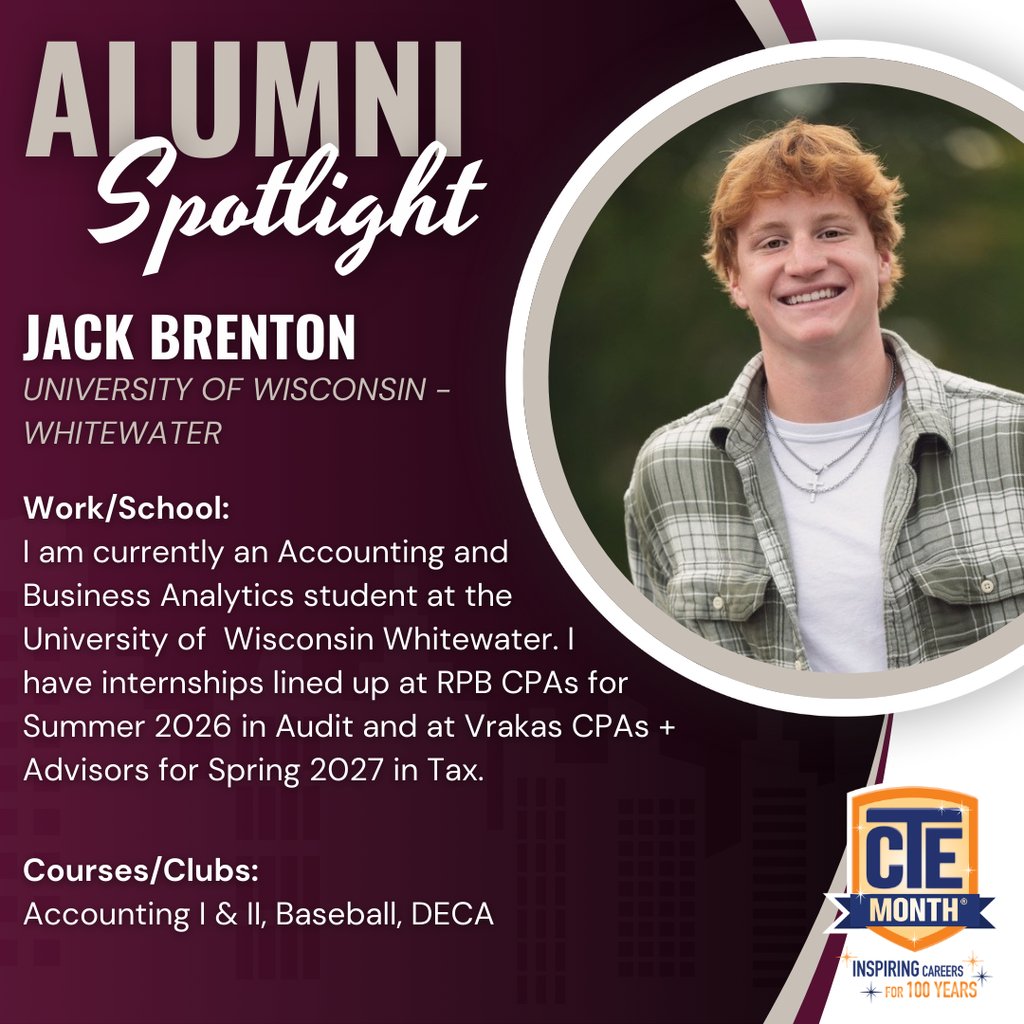 WestoshaCHS's tweet image. Meet Jack Brenton, a 2024 WCHS graduate currently attending UW-Whitewater. He is our next Alumni Spotlight for #CTEMonth! During his time at WCHS, he was active in student organizations, played baseball, and took a variety of courses in our Business &amp;amp; Marketing Department!