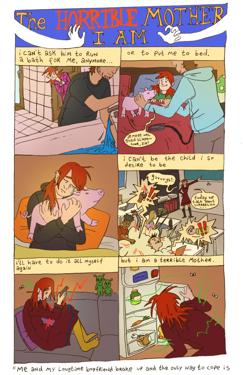 ZieeeeJ's tweet photo. The horrible mother I am. 
Me and my longterm boyfriend broke up last year and the only way to cope is to make a comic about it.
.
#webcomic #breakup #coping #autobiocomics #selfcare https://t.co/HuD7dnyrFm