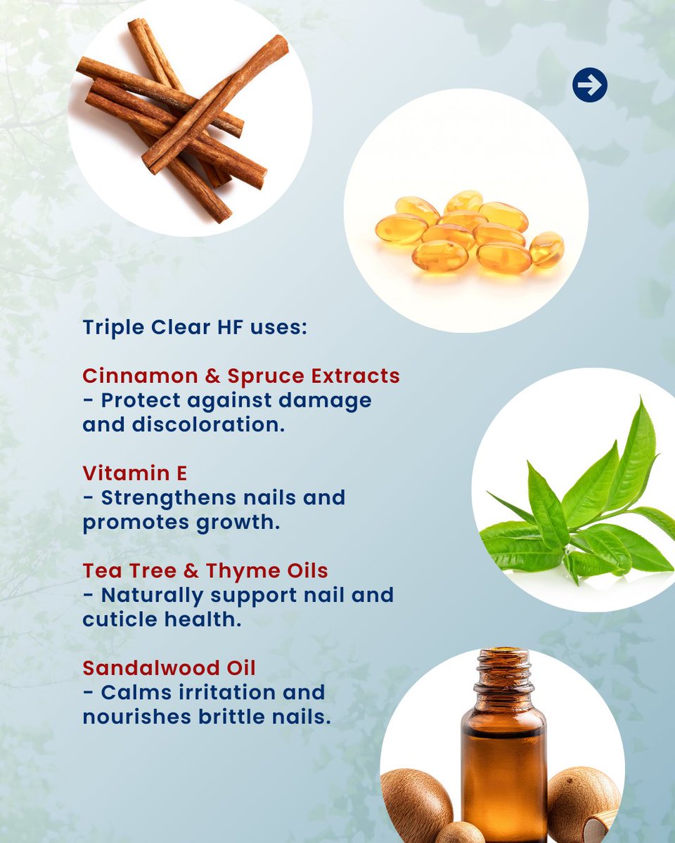 TripleClearHF's tweet image. Triple Clear HF uses cinnamon, spruce, tea tree, thyme, sandalwood, + vitamin E to nourish and renew brittle nails naturally.

Clinically tested, doctor-recommended, made in the USA.

💻 Strengthen your nails now: TripleClearHF.com

#NailTherapy #HealthyNails #TripleClearHF
