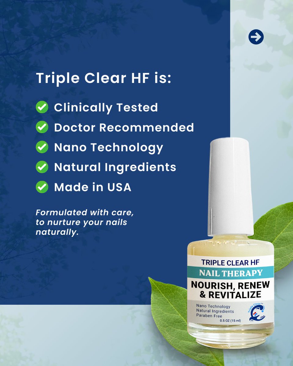 TripleClearHF's tweet image. Triple Clear HF uses cinnamon, spruce, tea tree, thyme, sandalwood, + vitamin E to nourish and renew brittle nails naturally.

Clinically tested, doctor-recommended, made in the USA.

💻 Strengthen your nails now: TripleClearHF.com

#NailTherapy #HealthyNails #TripleClearHF