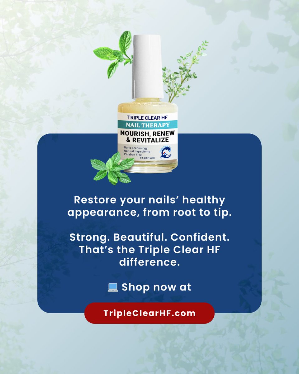 TripleClearHF's tweet image. Triple Clear HF uses cinnamon, spruce, tea tree, thyme, sandalwood, + vitamin E to nourish and renew brittle nails naturally.

Clinically tested, doctor-recommended, made in the USA.

💻 Strengthen your nails now: TripleClearHF.com

#NailTherapy #HealthyNails #TripleClearHF