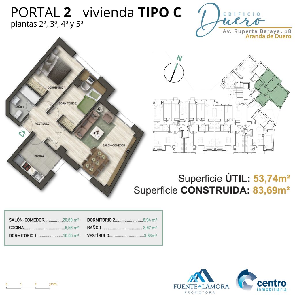 #Promoción en #ArandadeDuero: EDIFICIO DUERO #Viviendas de nueva generación. Máxima eficiencia energética y clasificación ‘A’. Portal 2, Tipo C,  2ª a 5ª. Salón-comedor, Cocina, 2 dormitorios, baño y terraza. 53,74m2 útiles y 83,69m2 construidos ...en promocionesaranda.es