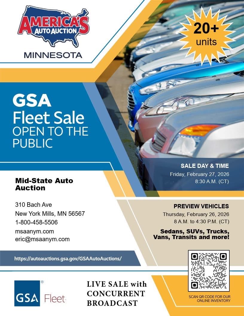 MidStateAA's tweet photo. Friday, February 27th

GSA LIVE Sale 8:30 AM Sharp
- A nice selection of low mileage GSA vehicles will be offered!
- 20+ vehicles
- Vehicle inspection period from 9:30 AM-4:30 PM Thursday (2/26) and from 7-8:30 AM Friday (2/27)
- View vehicles by visiting
https://t.co/aJSsZhMiyi https://t.co/pcFEenQu8t