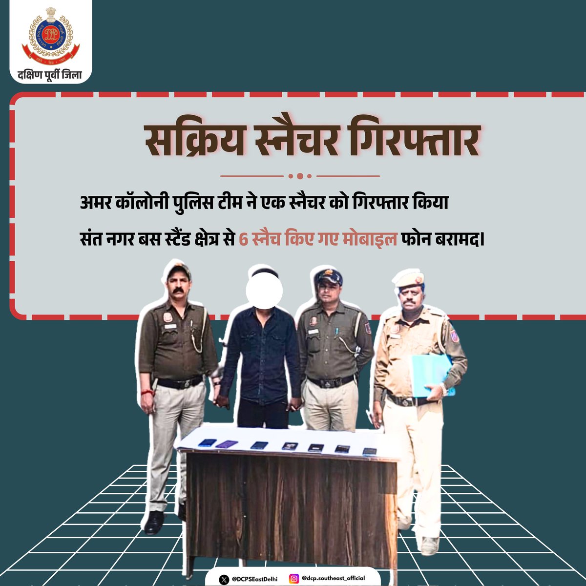 DCPSEastDelhi's tweet photo. 🚨 थाना अमर कॉलोनी; दक्षिण पूर्वी जिला 🚨
संत नगर बस स्टैंड क्षेत्र में हुई मोबाइल स्नैचिंग की घटना में सक्रिय स्नैचर को गिरफ्तार कर उसके कब्जे से 6 स्नैच किए गए मोबाइल फोन बरामद किए गए।
आरोपी ने आसान पैसा कमाने के लिए वारदात को अंजाम दिया। पूर्व में भी कई आपराधिक मामलों में संलिप्त रहा है। आगे की जांच जारी है।
#DelhiPolice #SouthEastDistrict #CrimeControl #Snatching #PoliceAction
@DelhiPolice 
@JointCPSR