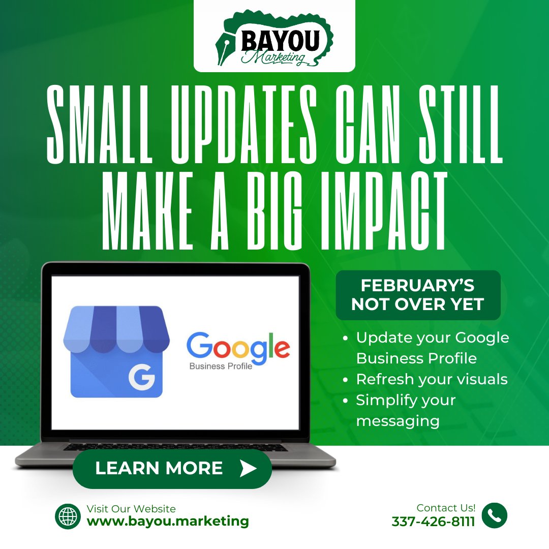 bayou_marketing's tweet image. February’s not over yet! You can still update your Google profile, tweak your visuals, or simplify your messaging. 
 
Need help making small changes with big impact? 
📞 (337) 426-8111 | 🌐 bayou.marketing 
#MarketingRefresh #QuickFixes #BayouMarketing