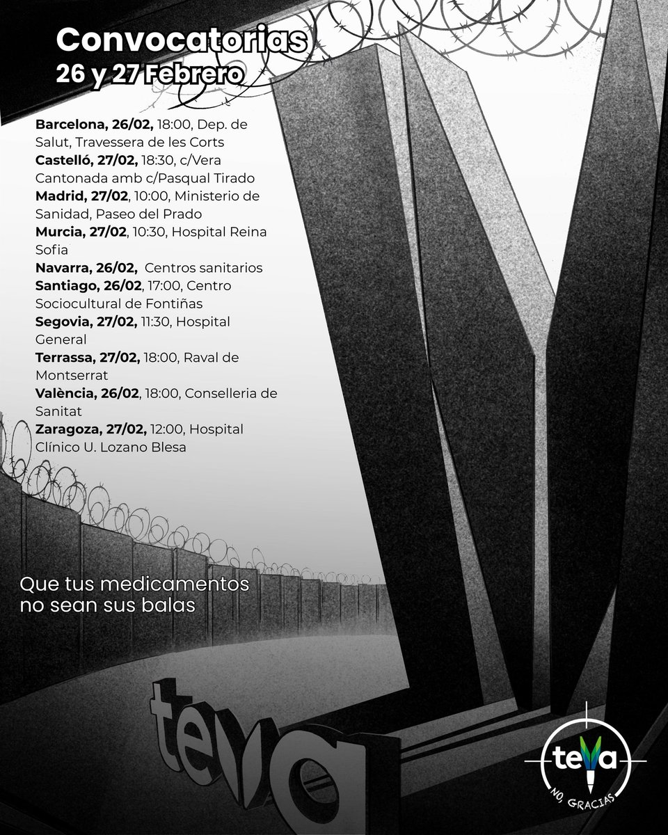 CAMPAÑA ¿TEVA? NO, GRACIAS🔴
La empresa farmacéutica israelí financia el genocidio y participa activamente en el apartheid y ocupación de Palestina. 
 🎤RUEDA DE PRENSA DE INICIO DE LA CAMPAÑA
tevanogracias.limesurvey.net
#TevaNoGracias 
❌️QUE TUS MEDICAMENTOS NO SEAN SUS BALAS