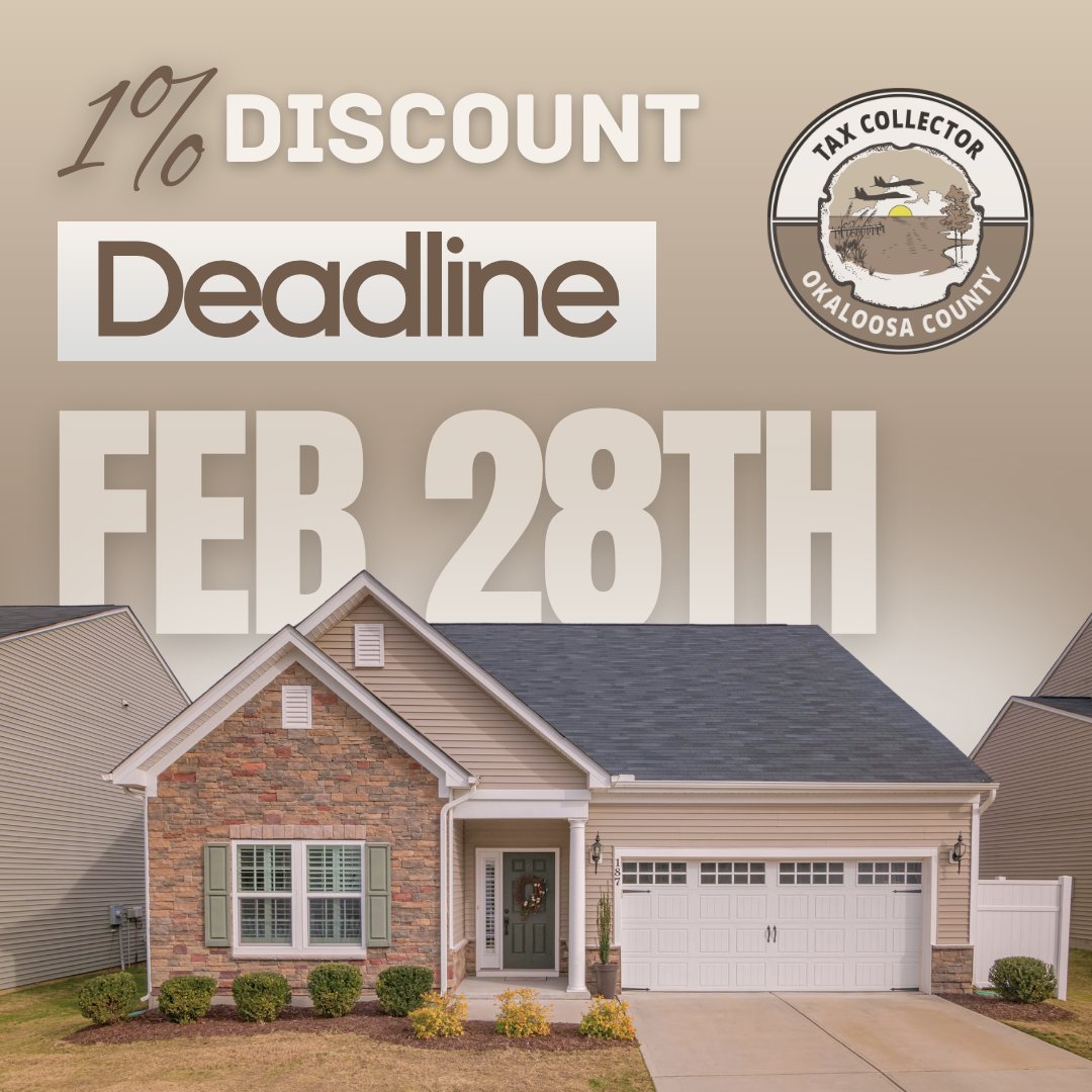 OkaloosaTax's tweet image. Save 1% on your property taxes by paying before Feb. 28th. The fastest &amp;amp; most reliable way to pay is online at OkaloosaTax.com, where you can use eCheck for FREE or other secure payment options.

#OkaloosaTax #OkaloosaCounty #SaveMoney #PublicServiceAnnouncement