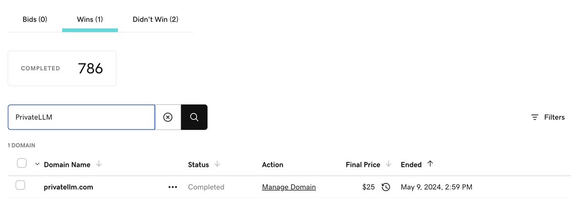 A little more context to the PrivateLLM.com sale:

I grabbed PrivateLLM at GoDaddy Closeouts in May 2024 and initially had it priced around 7500.

Then I saw the original tweet in this thread and got to thinking about how good a keyword Private was and repriced the name.