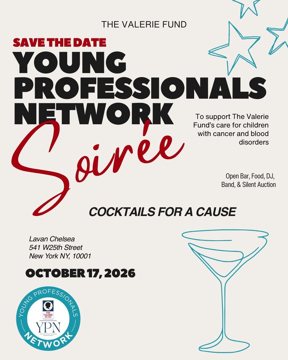 TheValerieFund_'s tweet photo. Mark your calendars! The Valerie Fund’s YPN is excited to announce our Young Professionals Network Soiree—a lively night of food, drinks, and dancing as we raise funds to support our Valerie Fund Kids with cancer and blood disorders. https://t.co/aHhmiEe91I