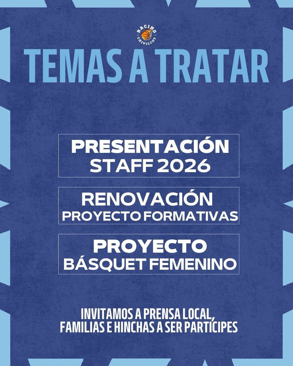 proyecto de formativas
• Proyecto de básquet femenino

🥳 Invitamos a toda la prensa local, familias e hinchas a ser parte de este nuevo comienzo.

Los esperamos 💙🤍