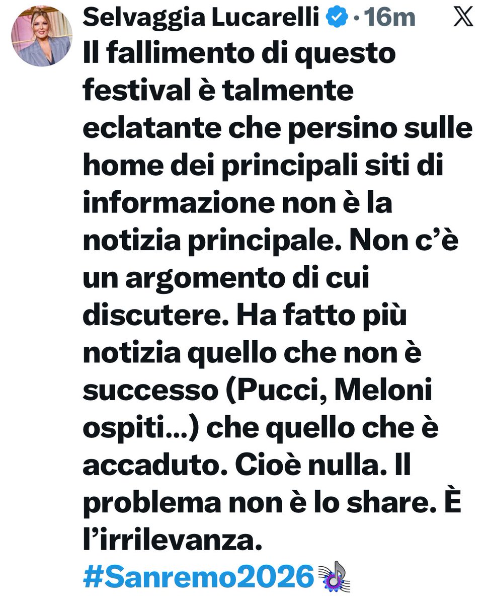 Non gliene frega talmente tanto alla Lucarelli di questo festival che ha fatto una newsletter a pagamento e si sta lamentando da tre giorni su Instagram e su X. Pensa se le fosse interessato. Non la taggo perché mi ha bloccata 10 anni fa