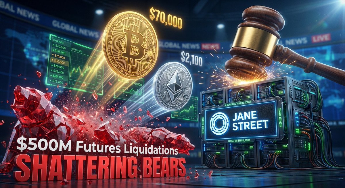 $500M FLUSH WIPES THE BEARS

$BTC wicked up to test $70,000. ETH touched $2,100+. The market just cleaned house.

- Over $500M in futures liquidated.
- Shorts got squeezed hardest: $469M erased.
- 133,000 traders rekt in 24 hours.

Street talk says Jane Street got sued for using