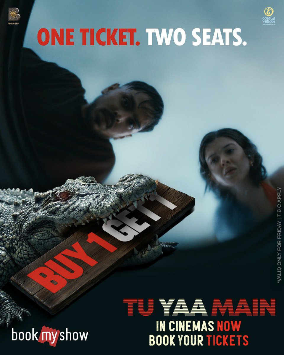colouryellow_in's tweet photo. Grab one ticket… and drag a survival partner into the chaos for free. 👀🔥

Head to @BookMyShow and use code CROCCODE now! 🎟️
Valid only for Friday.

#TuYaaMain in cinemas now! 

Book your tickets: https://t.co/h8gLuIjKOJ

#LikeShareSurvive #Valentines2026 https://t.co/gZKZwAodVs