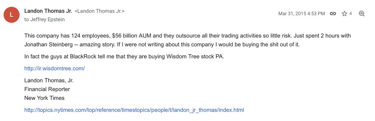 NYT reporter Landon Thomas Jr (now former) passes along a "stock tip" to Epstein after spending time with an executive for a story, plus a little info from BlackRock.