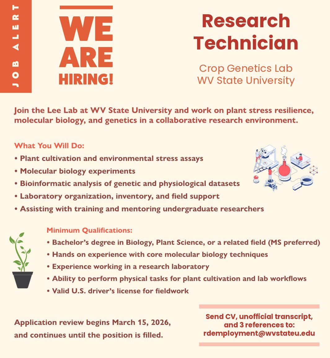 PlantEvol_Lee's tweet photo. We are Hiring a Research Technician!
Join the Lee Lab at WV State University for plant stress adaptation research. 
Send your application to: rdemployment@wvstateu.edu
Full Description: https://t.co/Yg7Na0Bv1j

#CropScience #ResearchJob #PlantStress https://t.co/r4mfTlMv6l