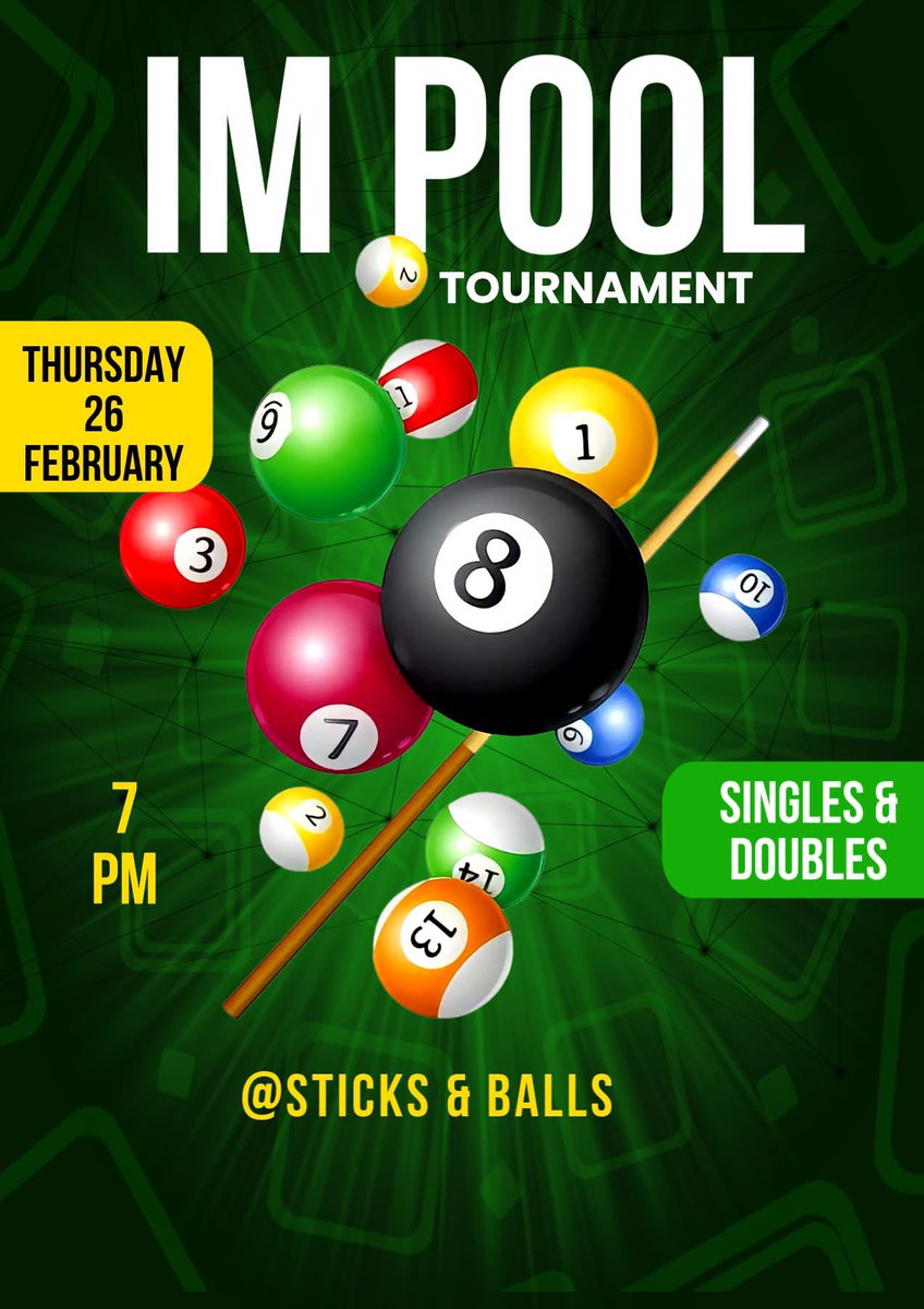 Join us! IM Pool Tournament Tonight 7pm -Sticks and Balls! #scim