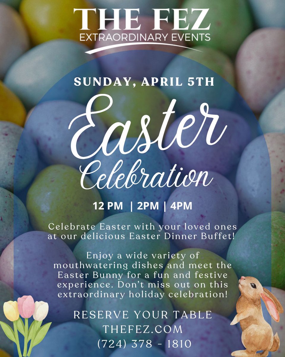 Easter reservations are now open. Tables fill fast and space gets limited as we get closer to the holiday. Don’t wait — reserve now before it’s too late! Book online: thefez.com/easter-dinner/
Call: (724) 378-1810

#EasterAtTheFez #EasterSunday #ReserveNow #TheFez #HopewellTWP