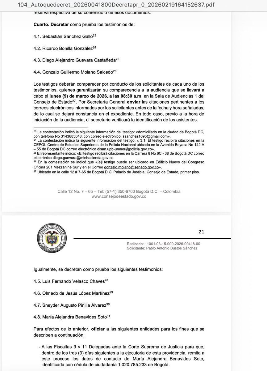 Melquisedec70's tweet photo. Atención. Un voluminoso decreto de pruebas acaba de ordenar el @consejodeestado para estudiar la pérdida de investidura de los congresistas implicados en el mega escándalo de corrupción de la UNGRD.

Y programó audiencias públicas, los días 9, 10 y 11 de marzo próximos para escuchar a los exministros Ricardo Bonilla, Luis Fernando Velasco, Diego Guevara; a Olmedo López, Sneyder Pinilla y Ma Alejandra Benavides, entre otros.

La demanda la radicó Pablo Bustos de @redveeduriascol  contra los senadores Martha Isabel Peralta Epieyú, Sor Berenice Bedoya Pérez, Julio Elías Chagüi Flórez, Liliana Esther Bitar Castilla y Juan Pablo Gallo Maya y de los representantes a la Cámara Wadith Alberto Manzur Imbett, Julián Peinado Ramírez, Karen Astrith Manrique Olarte y Juan Loreto Gómez Soto.
Bustos alega que estos congresistas incurrieron en tráfico de influencias y violación del régimen de inhabilidades e incompatibilidades, o del régimen de conflicto de intereses.