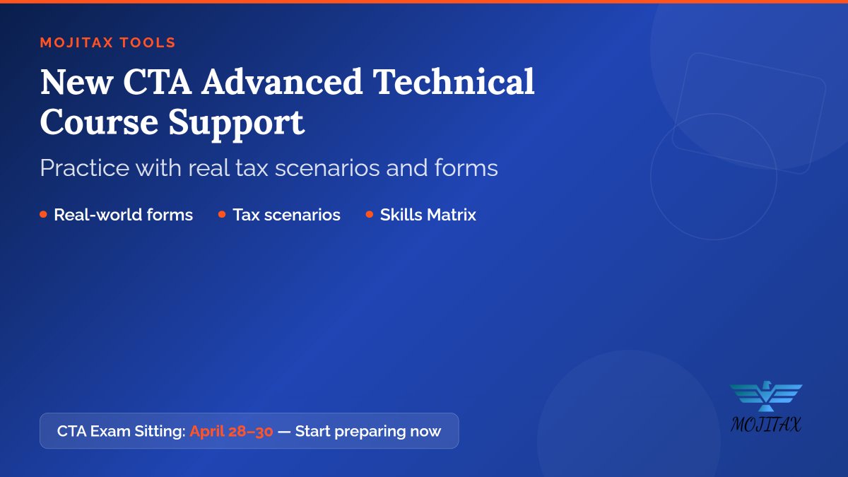 MojitaxTraining's tweet photo. NEW: CTA Advanced Technical tools now live on MojiTax Tools. Practice with real tax scenarios alongside CTA AT courses. April 28–30 exam sitting approaching — start now: https://t.co/2cpNsjDqQe #CTA #TaxTraining https://t.co/kFrhvhSA4D