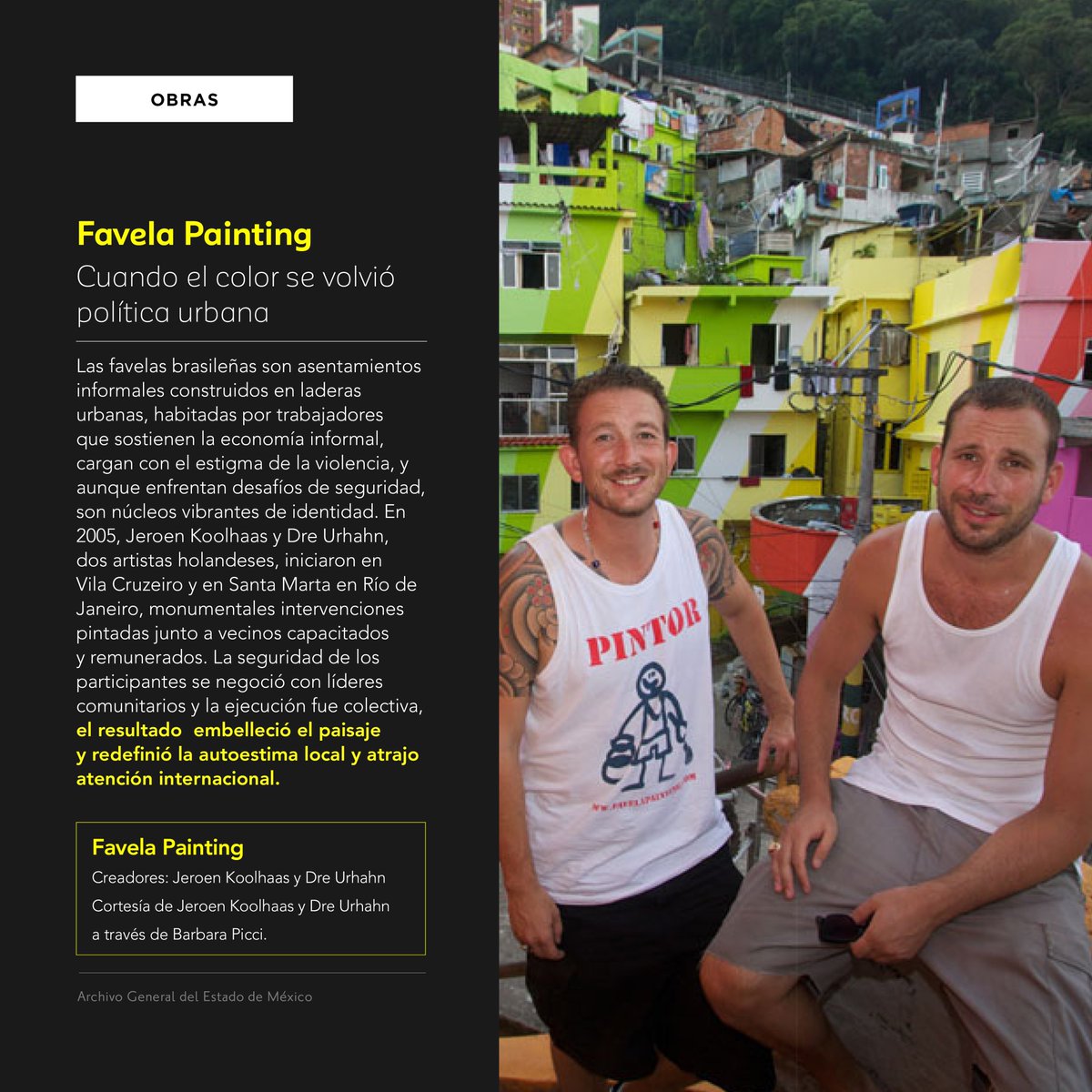 agem_mex's tweet image. Una iniciativa pictórica que 20 años después se convirtió en un modelo de #urbanismo social, es la #obra de #FavelaPainting, un proyecto de #JeroenKoolhaas y @DreUrhahn, el cual dignificó a comunidades marginadas a través del #arte.
#ArchivosParaServir
#AGEMÉX