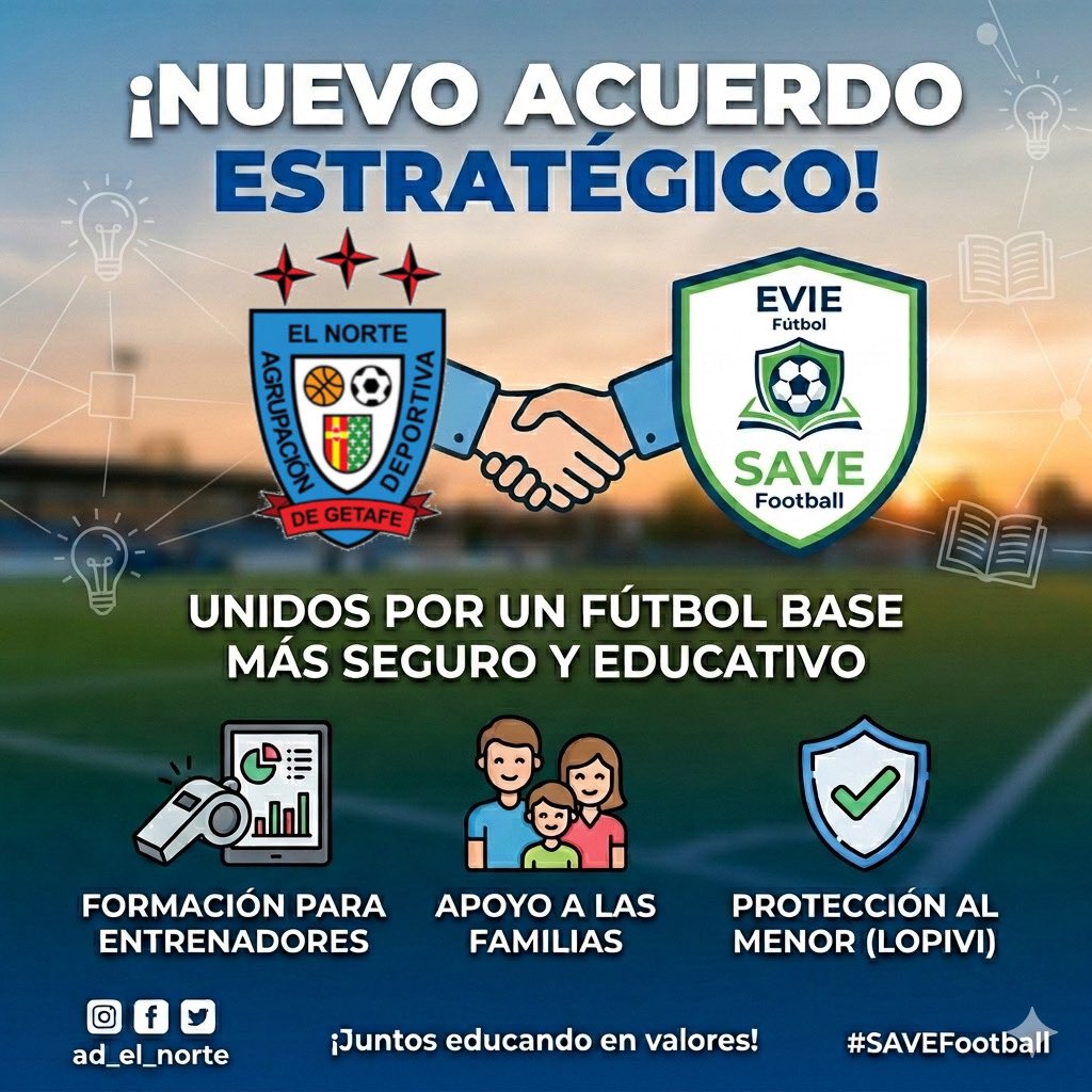 🚨 ¡Oficial! En el Ad el norte nos unimos a EVIE Fútbol y a la Comunidad Educativa SAVE Football. 🤝⚽
Apostamos por un fútbol base libre de crispación, priorizando la salud mental, la educación en valores y un entorno seguro para nuestros niños y niñas. 💚🛡️  
@savefootball_es