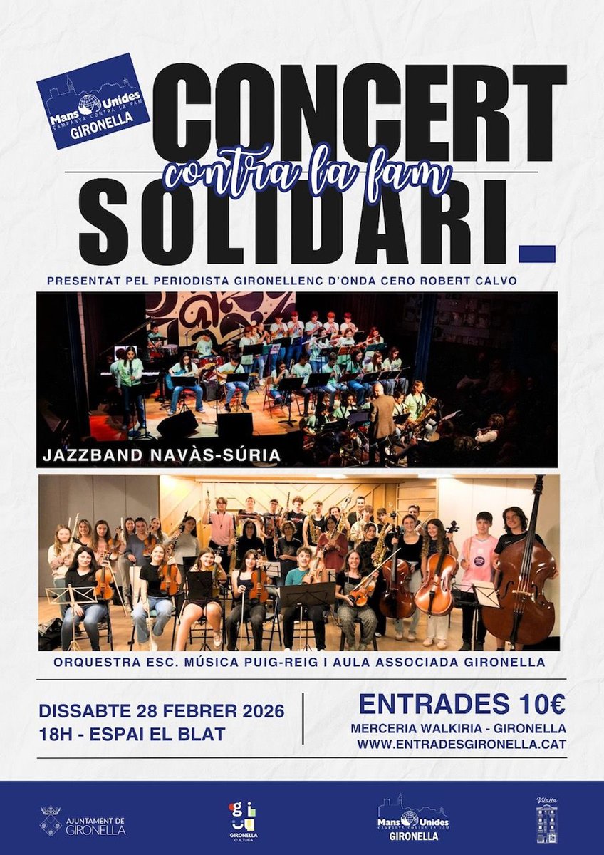MusicaSuria's tweet photo. Música a Gironella: actuació de la Jazz Band Navàs-Súria. Dissabte 28 de febrer. 18.00 h. Espai El Blat (Gironella). Actuació de la Jazz Band Navàs-Súria i l’Orquestra de l’Escola Municipal de Puig-reig i Aula Associada de Gironella. https://t.co/cnYj1ip2h8 https://t.co/8VYO1ljkPY