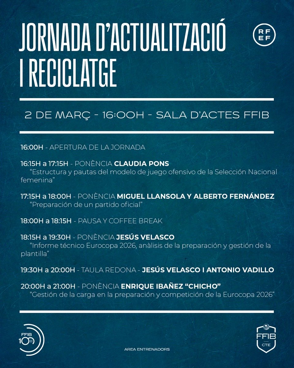 FFIB_oficial's tweet photo. ⚽️🔜 L’Àrea d’Entrenadors presenta el programa d’una jornada per continuar formant els nostres tècnics de futbol sala.

🗓 2 de març
🕓 16:00h
📍 Sala d’actes FFIB

#4illes1futbol #4illes1futbolsala

👉🏼Inscripcions;
https://t.co/WYQKKNMEBQ https://t.co/GrDsJpqzER