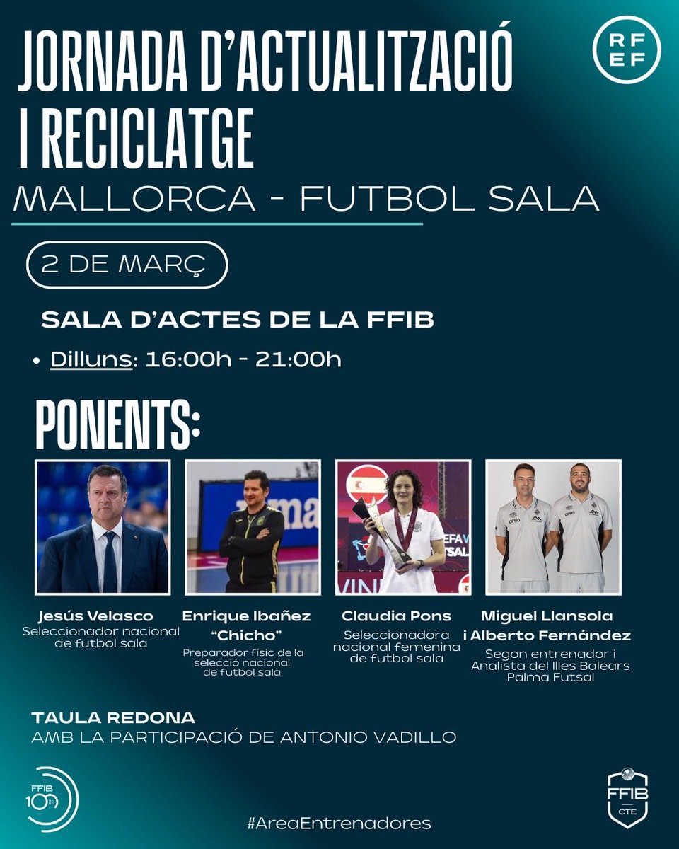 FFIB_oficial's tweet photo. ⚽️🔜 L’Àrea d’Entrenadors presenta el programa d’una jornada per continuar formant els nostres tècnics de futbol sala.

🗓 2 de març
🕓 16:00h
📍 Sala d’actes FFIB

#4illes1futbol #4illes1futbolsala

👉🏼Inscripcions;
https://t.co/WYQKKNMEBQ https://t.co/GrDsJpqzER