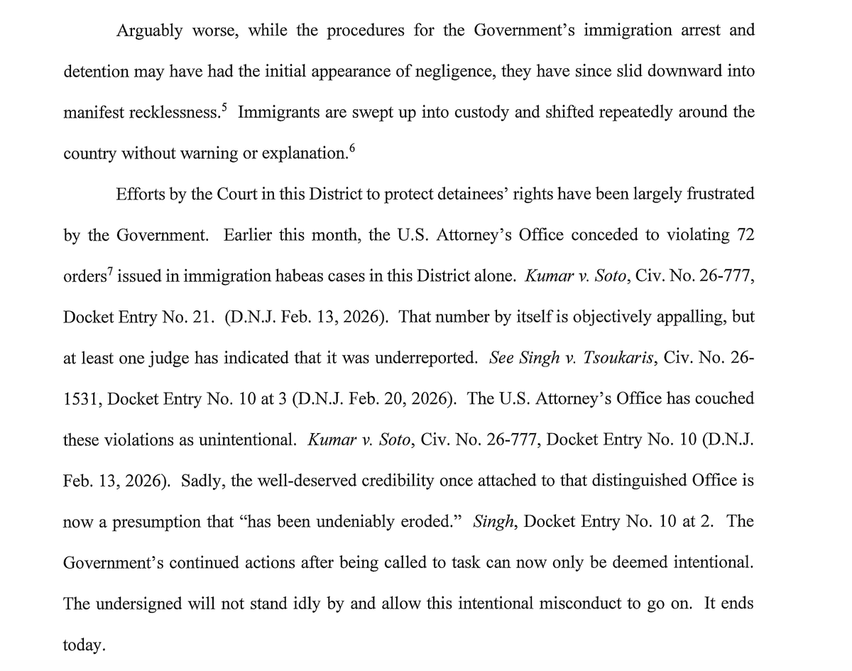 'IT ENDS TODAY': A federal judge in NJ says the Trump admin has continued to violate court orders in immigration cases and says he's prepared to haul in DOJ and DHS officials under oath. storage.courtlistener.com/recap/gov.usco…