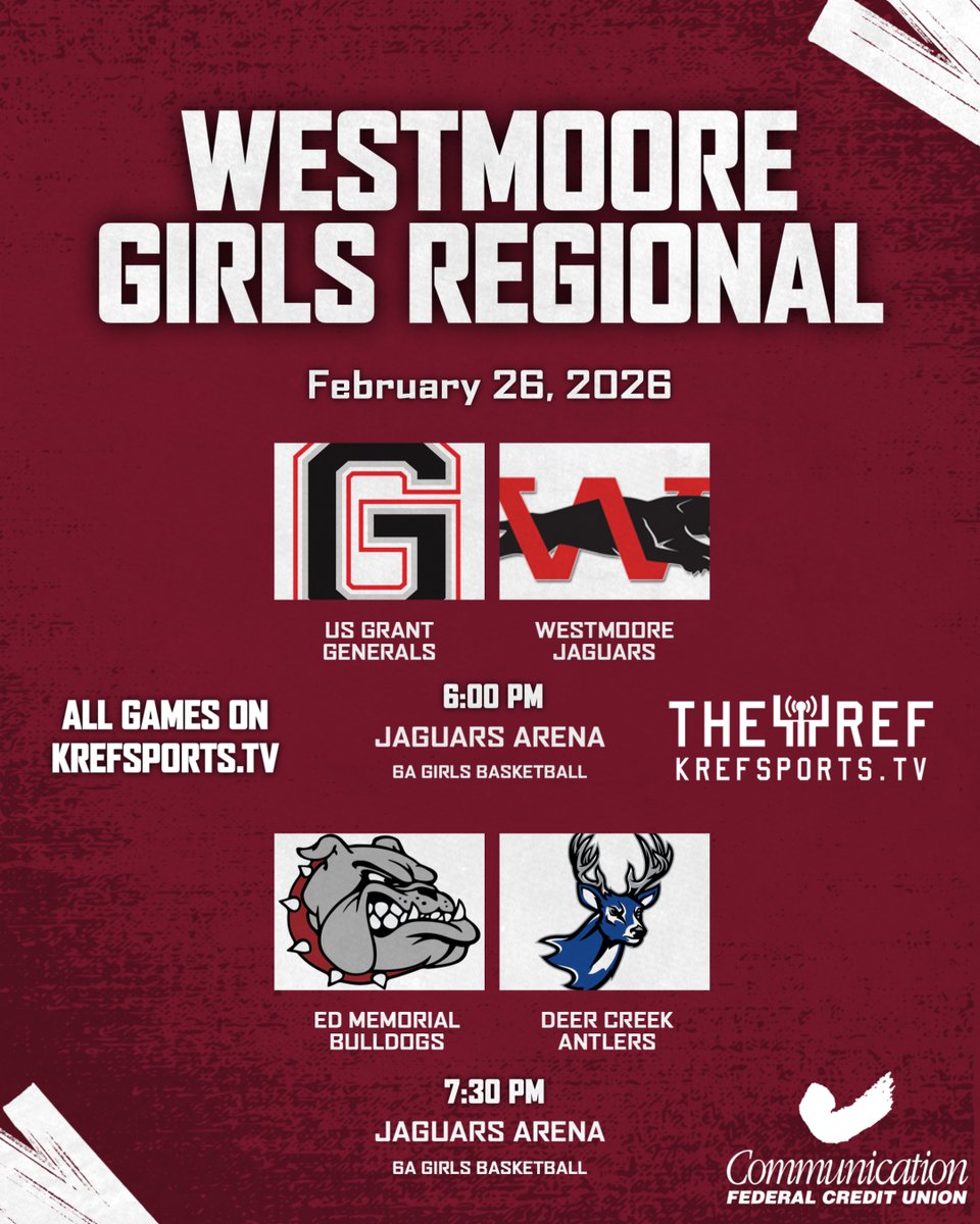 🏀 Westmoore Girls Regional 🏀 

US Grant vs. Westmoore - 6:00 PM
Edmond Memorial vs. Deer Creek - 7:30 PM

If you can't make it, we'll be live streaming both games on krefsports.tv/westmoore/ 📺 
#OkPreps 

<a href="/whsjagathletics/">Westmoore Athletics</a> <a href="/DeerCreekWBB/">Deer Creek High School Girls Basketball</a> <a href="/AntlerAthletics/">Deer Creek Athletics</a>