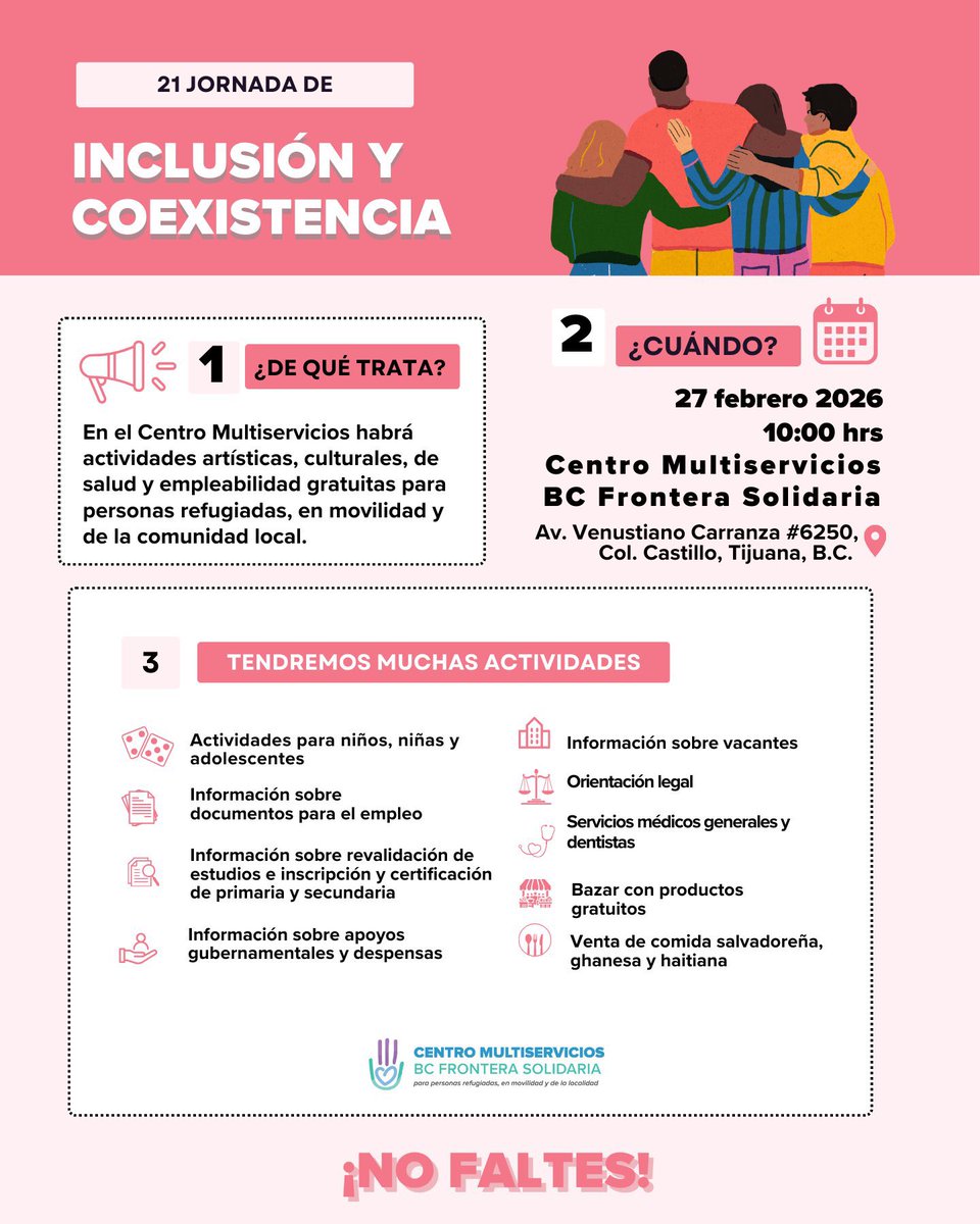 📣 ¡Atención, #Tijuana 🇲🇽!
Este viernes, <a href="/AcnurMexico/">ACNUR México</a> tendrá servicios de educación, salud, empleo y más en la Jornada de Integración y Coexistencia. 

¡No te lo pierdas!

🗓️ 27 febrero |  🕙 10 hrs
📍 Centro Multiservicios BC Frontera Solidaria 🎉