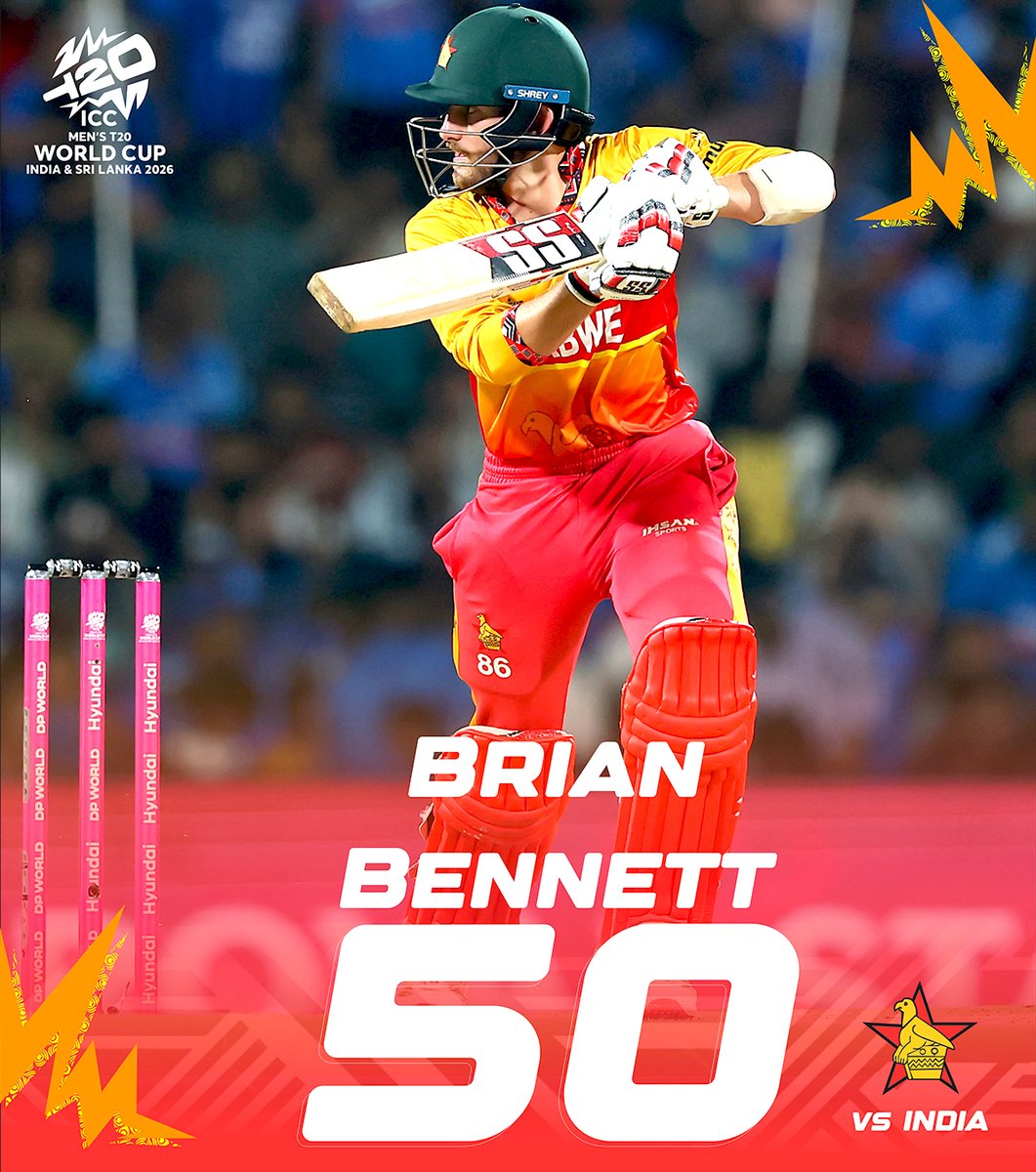 ZimCricketv's tweet photo. T20I half-century No. 12 for Brian Bennett and his third in the tournament👏

#INDvZIM #T20WorldCup 📝 https://t.co/g2gFunpQfe https://t.co/oZlxnidNNv