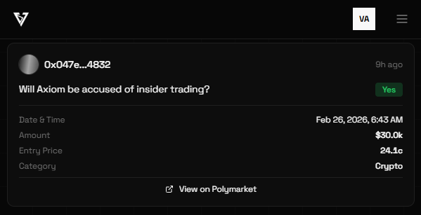 VantakeTrade's tweet photo. $30K on Axiom being accused.

Tracked smart wallet.

Entry: 24.1c (YES)

Market resolved.

+75% = ~$22.7K profit.

We don’t guess.
We track. https://t.co/bHoL8gMoO5