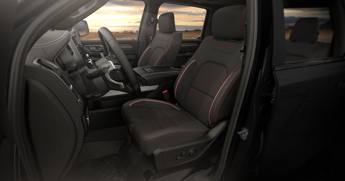 DrivingSouthern's tweet photo. | ❌ Gon' Give It to Ya | @RamTrucks 

👉 2026 #Ram1500 Rebel X 🛻

• Dual-pane panoramic sunroof 🌄
• Console-mounted leather-wrapped performance shifter
• Steering wheel-mounted paddle shifters
• Premium leather/vinyl bucket seats
• “Rebel X” bedside graphics ❎ https://t.co/jzhg2Ifopv
