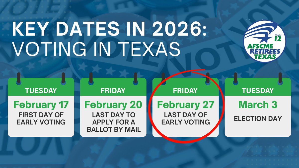 This Friday, February 27, is the LAST DAY of early voting.

You earned your retirement. You earned your benefits. And you deserve leaders who understand that.

Make a plan to vote and have your voice heard before Election Day on March 3. #txlege #voteforchange #AFSCME