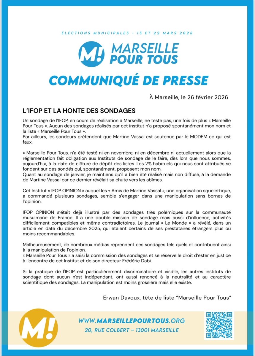 Communiqué de Presse de <a href="/MarseillePTous/">Marseille Pour Tous - M!</a>.
L'<a href="/IfopOpinion/">Ifop Opinion</a> et la honte des sondages. #Municipales #Marseille #Municipales2026