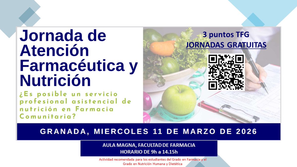 ffarmaciaUGR's tweet photo. #FFarmaciaUGR Jornadas de Atención Farmacéutica y Nutrición (11-3-2026), coordinadas por el Prof. Fernando Martínez Martínez y la Prof.ª Cristina Samaniego Sánchez. Toda la información en: https://t.co/Gp7bNpjC0F
@agefarmacia @AdinuGranada @catedraaf https://t.co/ZLb2aoa1Jw