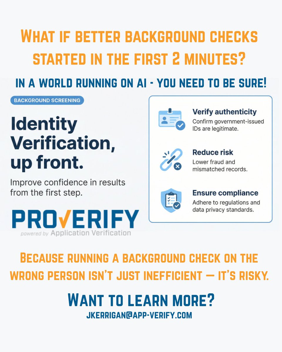 AppVerification's tweet photo. Want to learn more about how 2 minutes can dramatically improve your background screening process?  Let's talk!  jkerrigan@app-verify.com  #ProVerify'd #backgroundchecks https://t.co/ygLBE4qI66