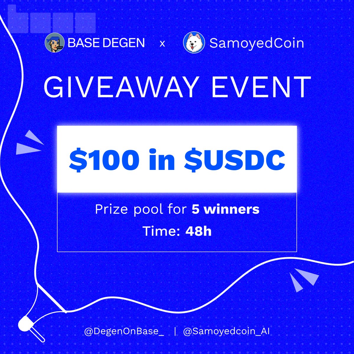 🔊GIVEAWAY EVENT  🤝

🎁 Prize pool for 5 winners
$100 in USDC

✔️ To Enter:
1️⃣ Follow <a href="/DegenOnBase_/">Base Degen</a> x <a href="/Samoyedcoin_AI/">Samoyed Coin AI 💙</a>
2️⃣ ❤️ , Repost
3️⃣ Comment your Base wallet

⏰ 48h