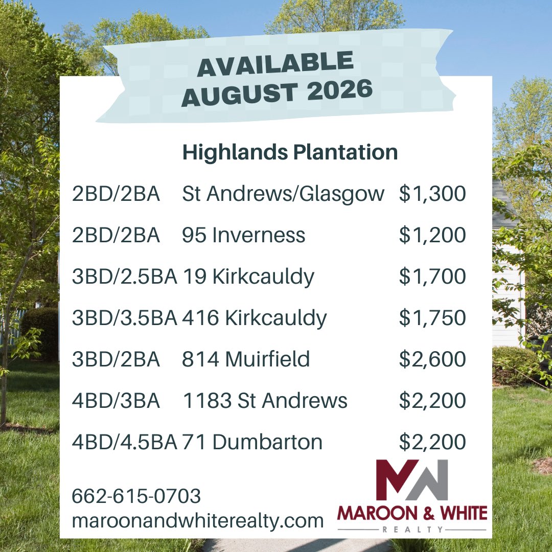 MandWRealty's tweet photo. Still looking for a place to call 𝐻𝒪𝑀𝐸 in the Fall? Look no further!🙂
⏳ Don’t miss out on your opportunity to secure your spot! 

🏡 Want to schedule a showing? Visit https://t.co/siGJjlQbez to pick a date/time that works best for you!

Maroon &amp; White Realty | 662-615-0703 https://t.co/p0mkNXlfVz