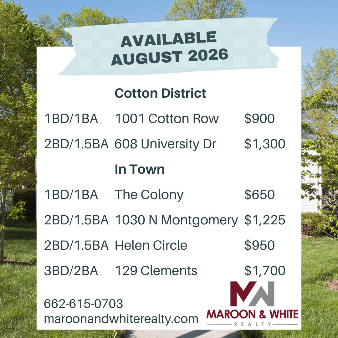 MandWRealty's tweet photo. Still looking for a place to call 𝐻𝒪𝑀𝐸 in the Fall? Look no further!🙂
⏳ Don’t miss out on your opportunity to secure your spot! 

🏡 Want to schedule a showing? Visit https://t.co/siGJjlQbez to pick a date/time that works best for you!

Maroon &amp; White Realty | 662-615-0703 https://t.co/p0mkNXlfVz
