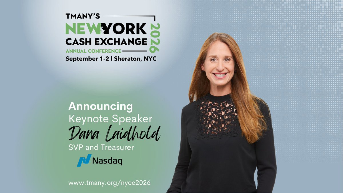 We’re excited to announce Dana Laidhold, SVP &amp; Treasurer at Nasdaq, as a Keynote Speaker for NYCE 2026. Join TMANY Sept 1–2, 2026 at the Sheraton New York Times Square Hotel.

Register: vist.ly/4szdg

#TMANY #NYCE2026 #TreasuryManagement #Finance #TreasuryandFinance