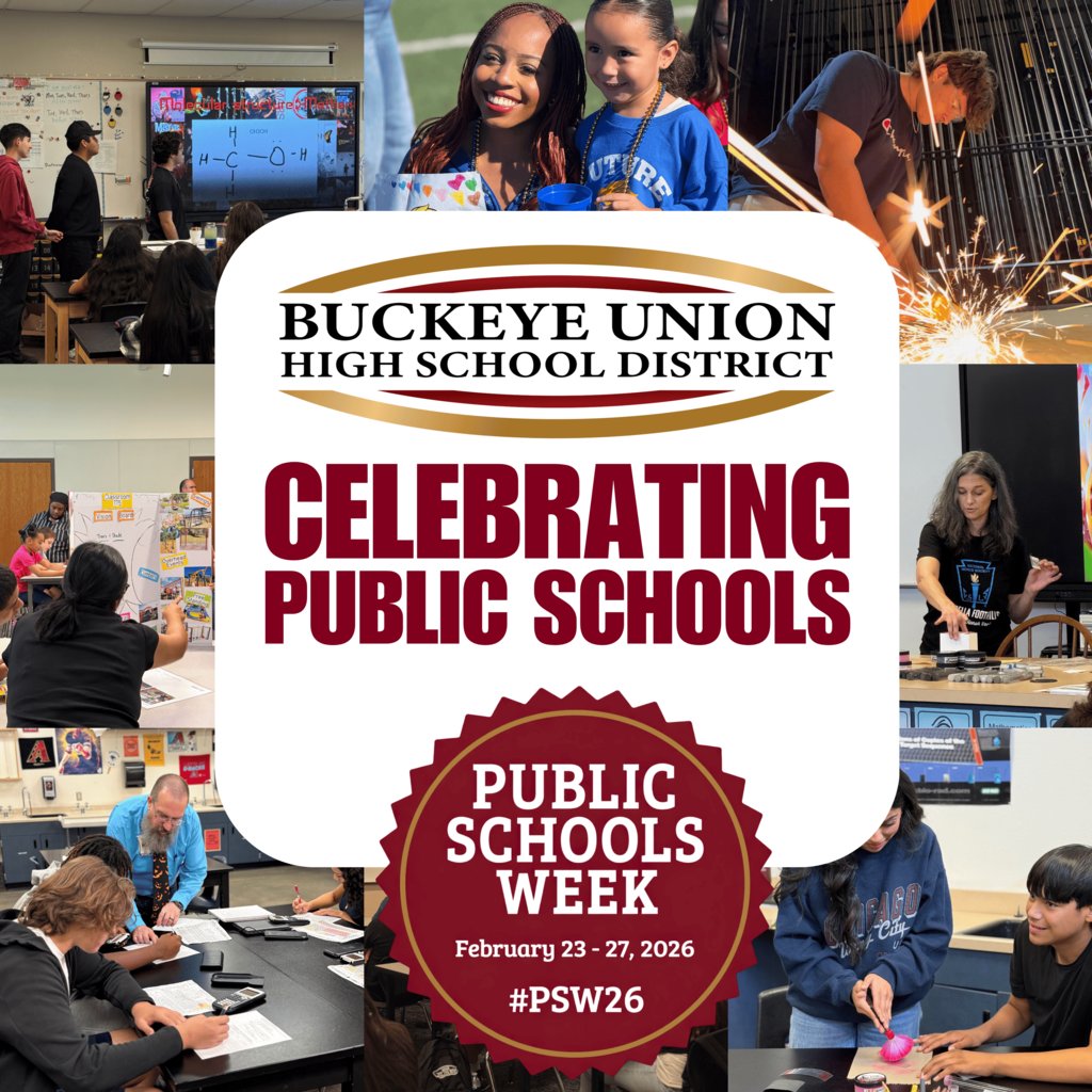 BuckeyeUnionHSD's tweet photo. Public schools are the heart of our community ❤️
This week, Buckeye Union High School District proudly celebrates the students, educators, staff, and families who make a difference every single day.
#PSW26 #BUHSD201 #ARatedDistrict #CommunityofExcellence #PublicSchoolsWeek https://t.co/nGC7Tp5Baw