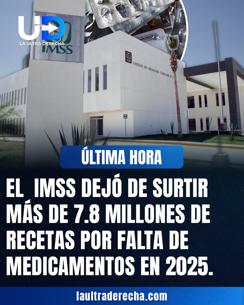 💊|🚨#URGENTE Se reporta que el IMSS dejó de surtir más de 7.8 millones de recetas por falta de medicamentos durante todo el año 2025, lo que generó una fuerte discusión en redes sociales, donde se cuestiona la eficiencia del régimen de la transformación de cuarta para garantizar