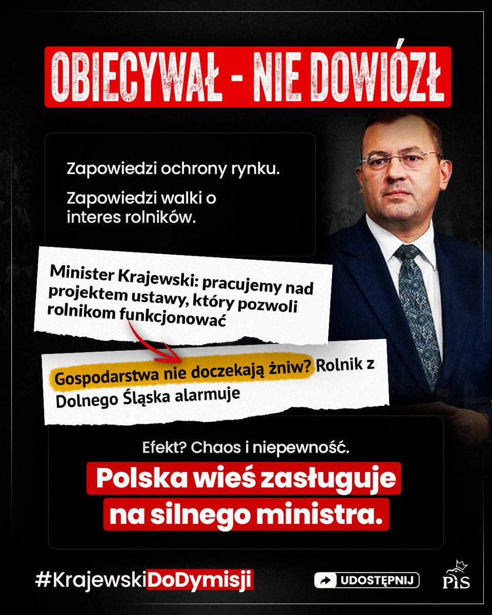 🟥  Obiecywał rolnikom ochronę. Dowiózł chaos i niepewność. 🔔 Polska wieś zasługuje na silnego ministra.
👉 Podaj dalej, jeśli masz dość pustych zapowiedzi.
#KrajewskiDoDymisji