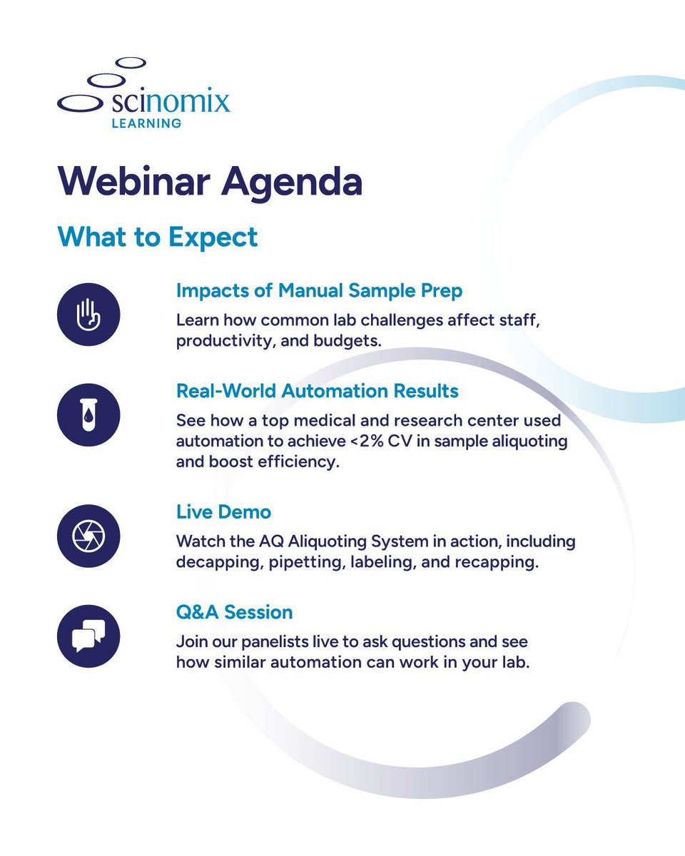 1 Week Left to Register | Achieving <2% CV in Sample Aliquoting
Join #Scinomix on March 5 as we share a real-world #labautomation evaluation conducted by a top medical and research center. 

🔗 Secure Your Spot Now
9AM CT: buff.ly/pS7HmfY 
3PM CT: buff.ly/tMXtjeB