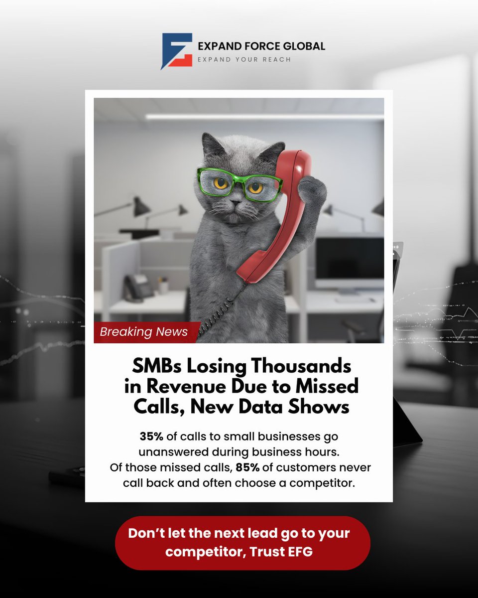 ExpandForce's tweet photo. 🚨 SMB Wake-Up Call

📞 35% of customer calls go unanswered
🤯 85% of those callers never try again
💸 That’s revenue walking away — daily

Availability = Growth.

Smart staffing ensures every opportunity gets answered.

#EFG #expandforceglobal https://t.co/MLaqSDfDrE https://t.co/65RXsfRydn