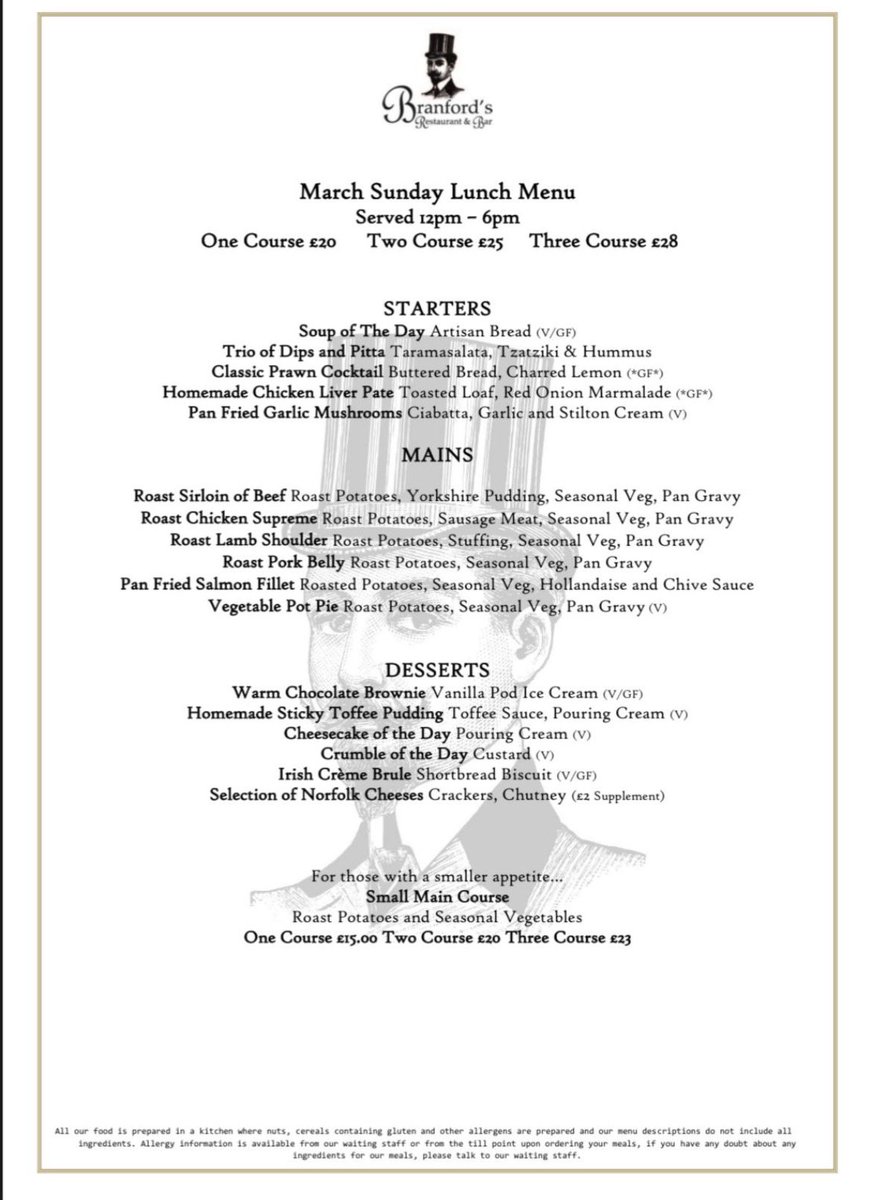 Our March Sunday Lunch Menu 

🍽️Sunday Lunch available 12-6 
🍽️General menu 12-8
👫Kids Eat Free With A Full Paying Adult 
🍻Happy Hour 4-7 

Last booking in Restaurant 6pm

Call our team on 01493 720400 for a Reservation in our Restaurant <a href="/YidTye/">Tyrone Harold BEM</a>